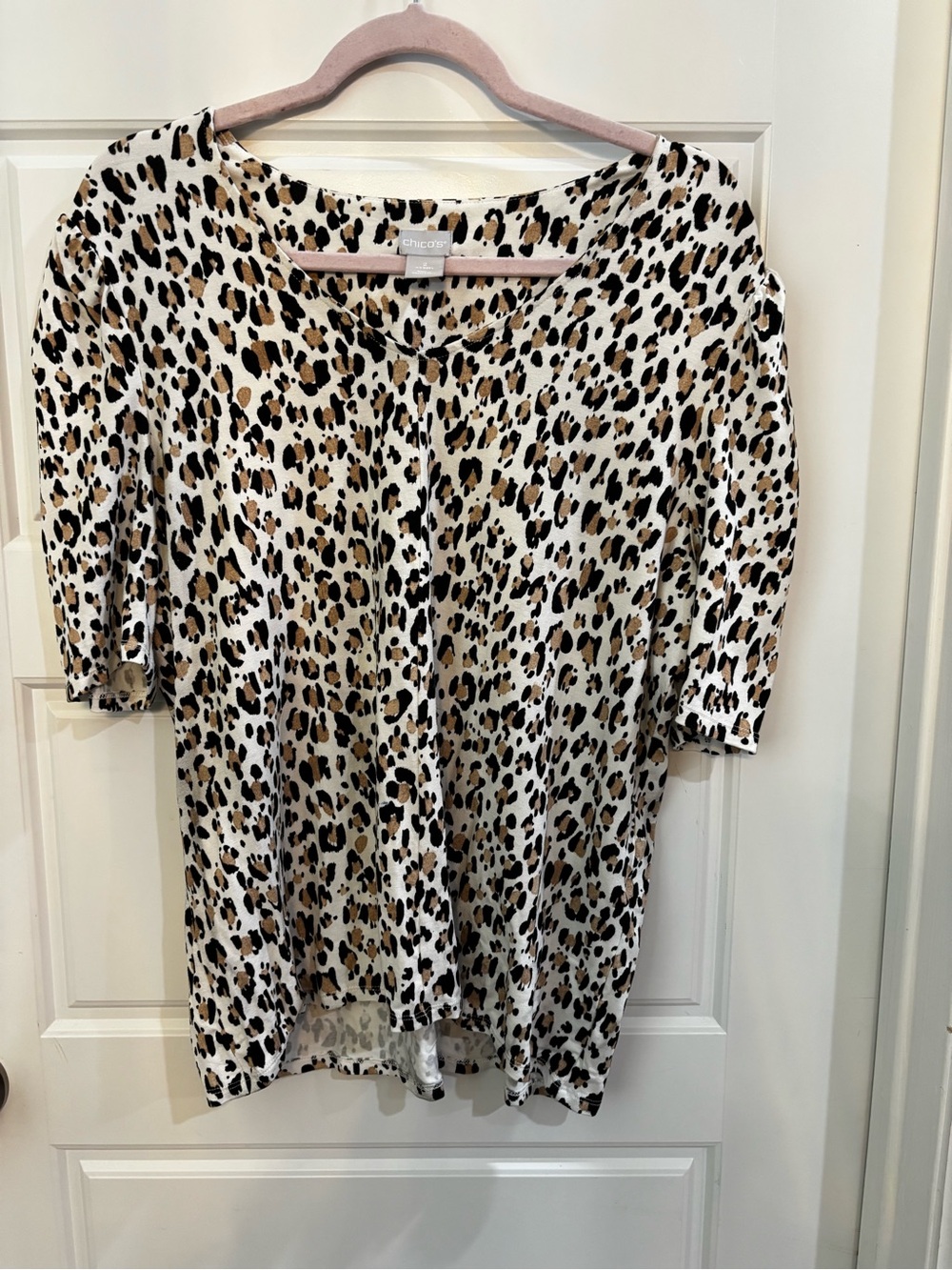 Chico's Leopard Print Short Sleeve Top - White/Tan/Black size 2